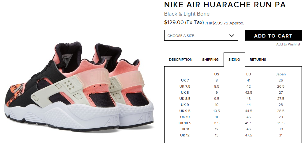 nike huarache size chart